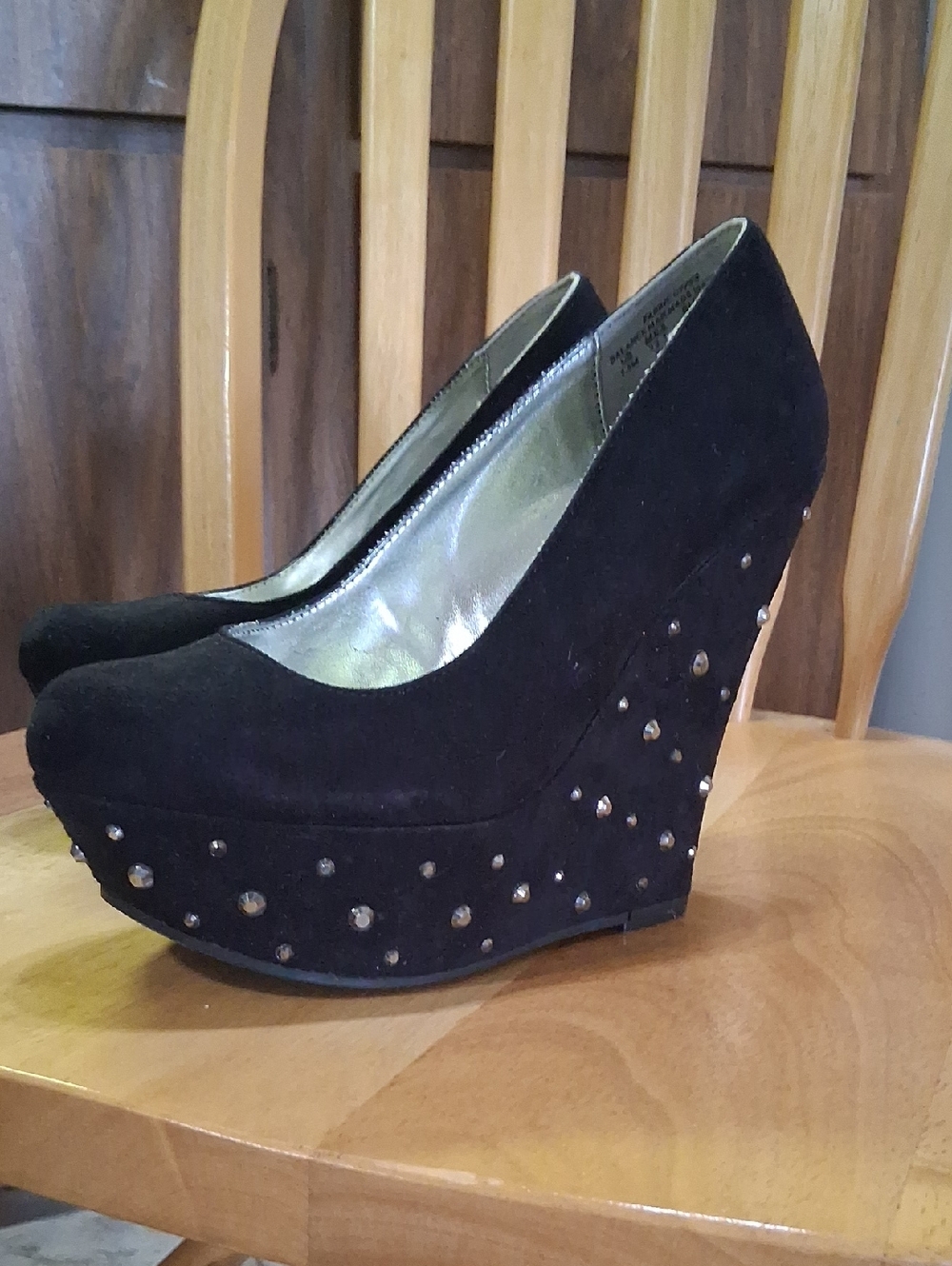 SM NewYork Black Studded Suede Wedge Heels